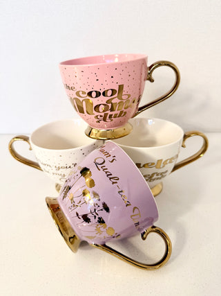 Footed Porcelain Coffee Mug With Cream and Gold Trim (14 oz) - Ideal Mother's Day Gift