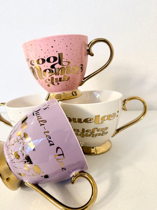 Footed Porcelain Coffee Mug With Cream and Gold Trim (14 oz) - Ideal Mother's Day Gift