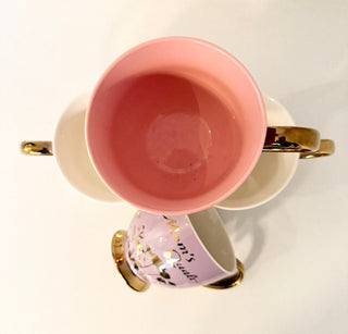 Footed Porcelain Coffee Mug With Cream and Gold Trim (14 oz) - Ideal Mother's Day Gift