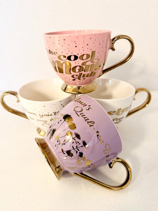 Footed Porcelain Coffee Mug With Cream and Gold Trim (14 oz) - Ideal Mother's Day Gift