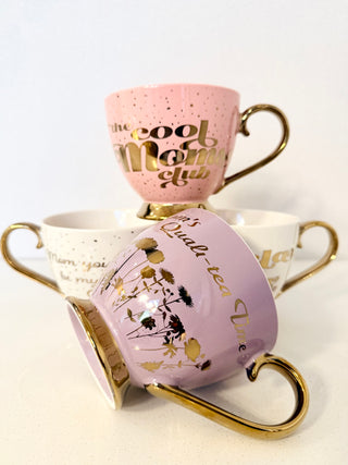 Footed Porcelain Coffee Mug With Cream and Gold Trim (14 oz) - Ideal Mother's Day Gift