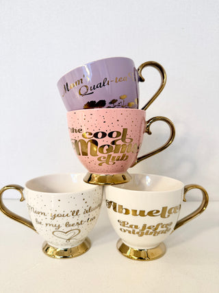 Footed Porcelain Coffee Mug With Cream and Gold Trim (14 oz) - Ideal Mother's Day Gift