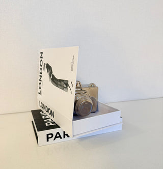 Set Set of 2 Beautiful Decorative Hardcover Books +  1 Decorative Ceramic Camera Sculpture
