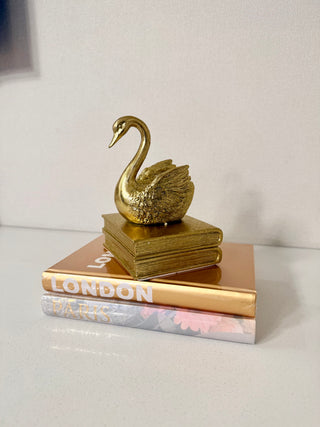 Set Set of 2 Beautiful Decorative Hardcover Books + 1 Golden Swan On A Stackable book - Sculpture