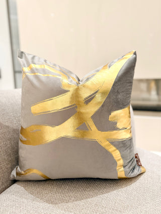 Decorative Grey Pillow Cover with Wavy Gold Accents – 22" x 22"