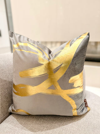 Decorative Grey Pillow Cover with Wavy Gold Accents – 22" x 22"