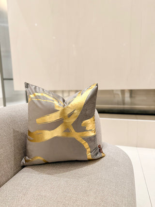 Decorative Grey Pillow Cover with Wavy Gold Accents – 22" x 22"