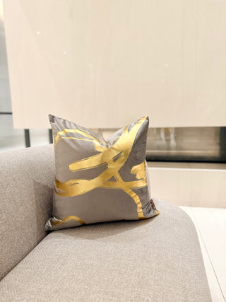 Decorative Grey Pillow Cover with Wavy Gold Accents – 22" x 22"