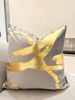 Decorative Grey Pillow Cover with Wavy Gold Accents – 22" x 22"