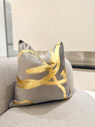 Decorative Grey Pillow Cover with Wavy Gold Accents – 22" x 22"