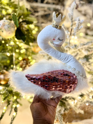 White Elegant Furry Swan With Glitter Accent Wing - Modern Decor