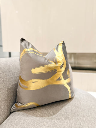 Decorative Grey Pillow Cover with Wavy Gold Accents – 22" x 22"