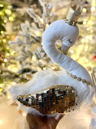 White Elegant Furry Swan With Glitter Accent Wing - Modern Decor