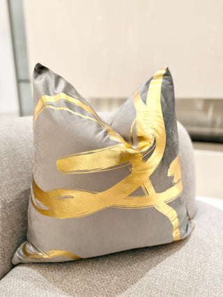 Decorative Grey Pillow Cover with Wavy Gold Accents – 22" x 22"