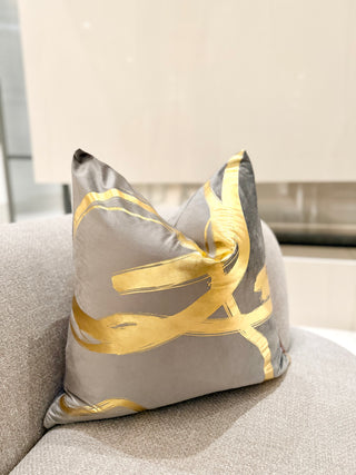 Decorative Grey Pillow Cover with Wavy Gold Accents – 22" x 22"