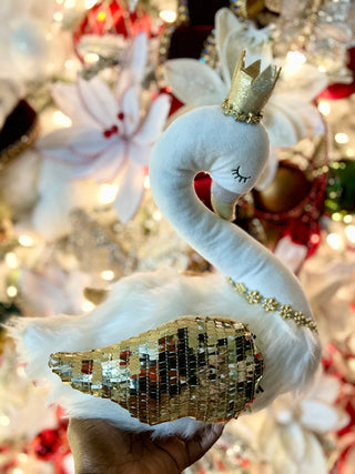 White Elegant Furry Swan With Glitter Accent Wing - Modern Decor