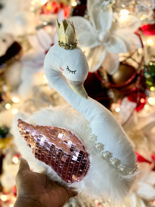 White Elegant Furry Swan With Glitter Accent Wing - Modern Decor