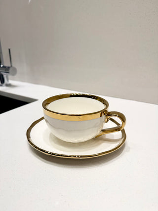 Luxury Coffee Cup with Saucer — White with Gold Rim