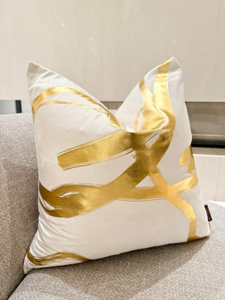 Off-White Decorative Pillow Cover with Wavy Gold Accents – 22" x 22"