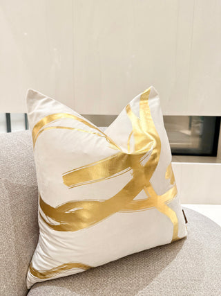 Off-White Decorative Pillow Cover with Wavy Gold Accents – 22" x 22"