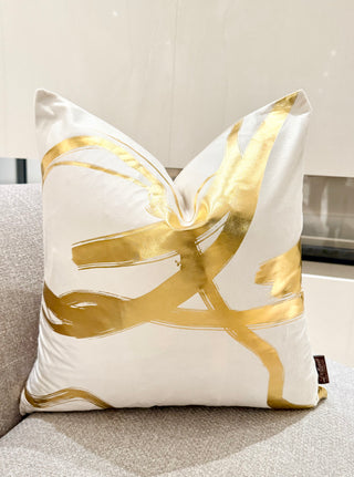 Off-White Decorative Pillow Cover with Wavy Gold Accents – 22" x 22"