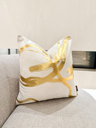 Off-White Decorative Pillow Cover with Wavy Gold Accents – 22" x 22"