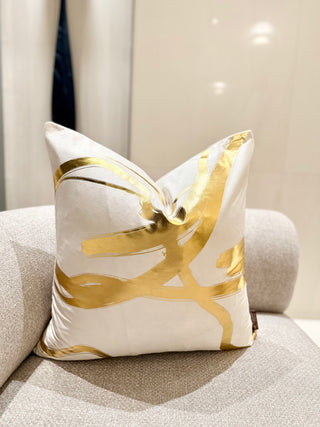 Off-White Decorative Pillow Cover with Wavy Gold Accents – 22" x 22"