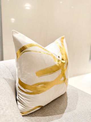 Off-White Decorative Pillow Cover with Wavy Gold Accents – 22" x 22"