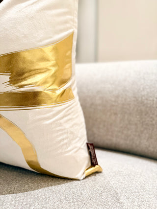 Off-White Decorative Pillow Cover with Wavy Gold Accents – 22" x 22"