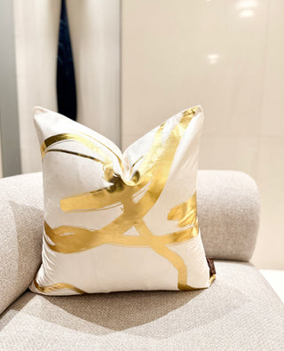 Off-White Decorative Pillow Cover with Wavy Gold Accents – 22" x 22"
