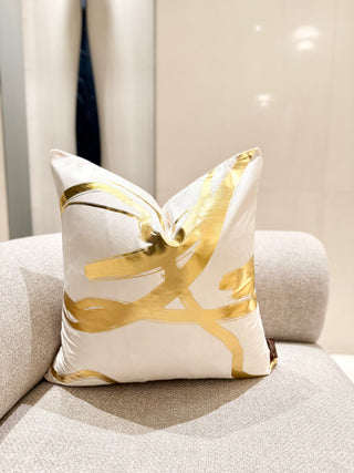 Off-White Decorative Pillow Cover with Wavy Gold Accents – 22" x 22"