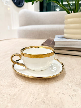 Luxury Coffee Cup with Saucer — White with Gold Rim