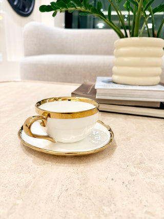 Luxury Coffee Cup with Saucer — White with Gold Rim