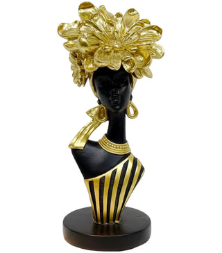 Artistic Sculpture Depicting an African Woman Crowned with White Flowers; Black-and-White Art Statue