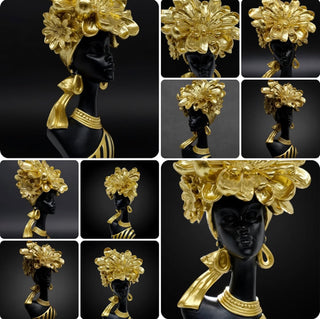 Artistic Sculpture Depicting an African Woman Crowned with White Flowers; Black-and-White Art Statue