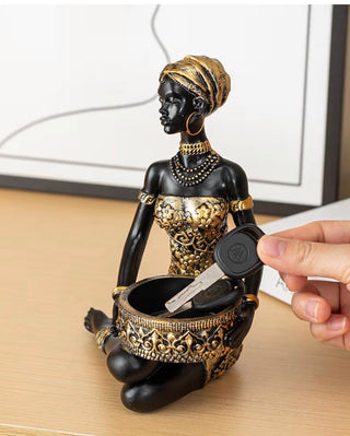 Resin Statue Depicting a Seated African Woman With a Handled Tray Tribal Art Figurine, Versatile Decorative Object