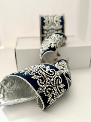 Luxury Navy Velvet Jewels Ribbon With Silver Beaded - Holliday Decor Width 4 in