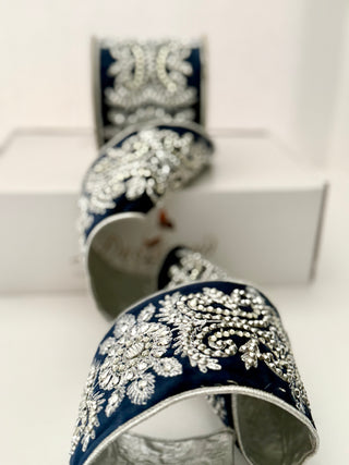 Luxury Navy Velvet Jewels Ribbon With Silver Beaded - Holliday Decor Width 4 in