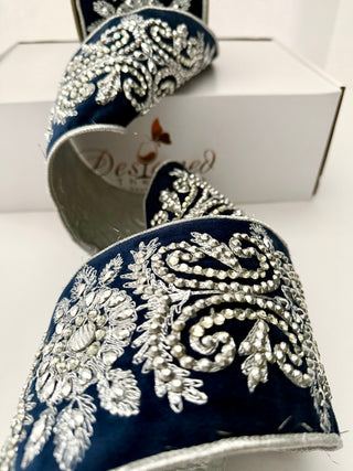 Luxury Navy Velvet Jewels Ribbon With Silver Beaded - Holliday Decor Width 4 in