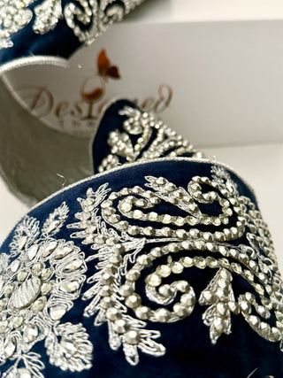 Luxury Navy Velvet Jewels Ribbon With Silver Beaded - Holliday Decor Width 4 in