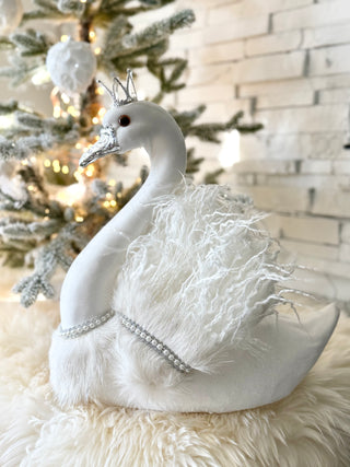 Large White Elegant Furry Swan with Silver Crown - Home Decoration