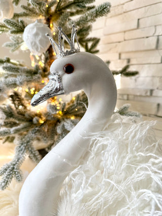 Large White Elegant Furry Swan with Silver Crown - Home Decoration