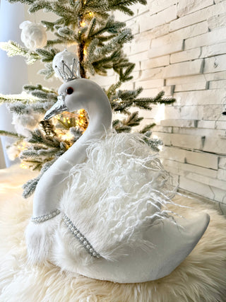 Large White Elegant Furry Swan with Silver Crown - Home Decoration