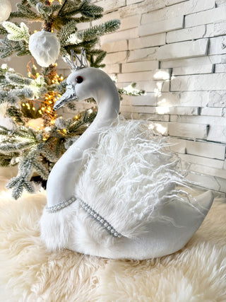 Large White Elegant Furry Swan with Silver Crown - Home Decoration