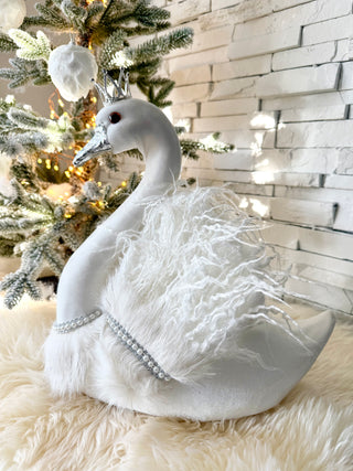 Large White Elegant Furry Swan with Silver Crown - Home Decoration