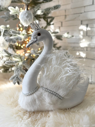 Large White Elegant Furry Swan with Silver Crown - Home Decoration