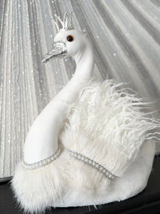 Large White Elegant Furry Swan with Silver Crown - Home Decoration