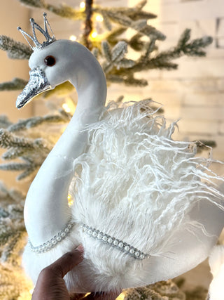 Large White Elegant Furry Swan with Silver Crown - Home Decoration