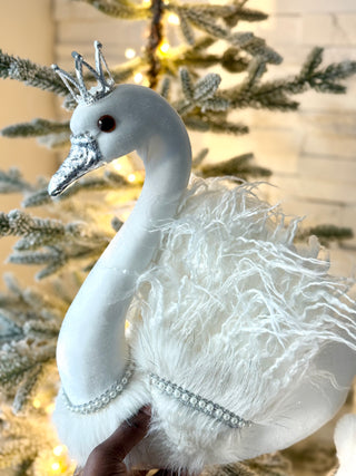 Large White Elegant Furry Swan with Silver Crown - Home Decoration