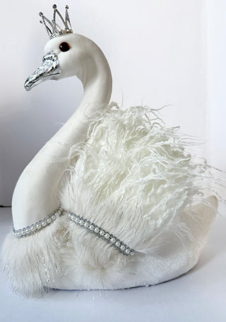 Large White Elegant Furry Swan with Silver Crown - Home Decoration